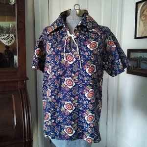 VINTAGE 1970s Unisex Floral Hippie Short Sleeve Polo Shirt